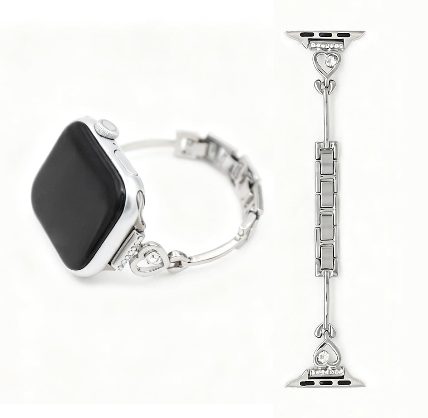 SNAKSTON Dainty Heart Charm Metal Band for Apple Watch 38mm 40mm 41mm 42mm 44mm 45mm 46mm 49mm, Stainless Steel Slim iWatch Bracelet with Rhinestones for Women Girls, Elegant Dressy Replacement Strap