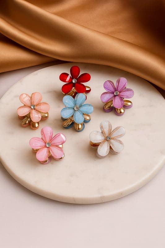 Shanya Glossy Floral Hair Claw Clip Set – Pack of 6 | Multicolor Acrylic Flower Design with Rhinestone Center | Elegant & Durable Hair Accessories for Women & Girls