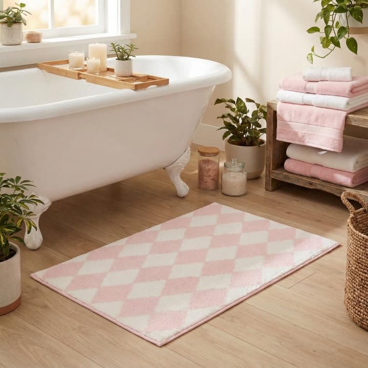 GRANNY SAYS Diamond Bathroom Rugs, 24" x 36", Non-Slip Bath Mats for Bathroom, Plush Shag Absorbent Microfiber Ultra Soft Bath Mat, Cute Washable Rug for Tub, Shower, Bedroom, Pink