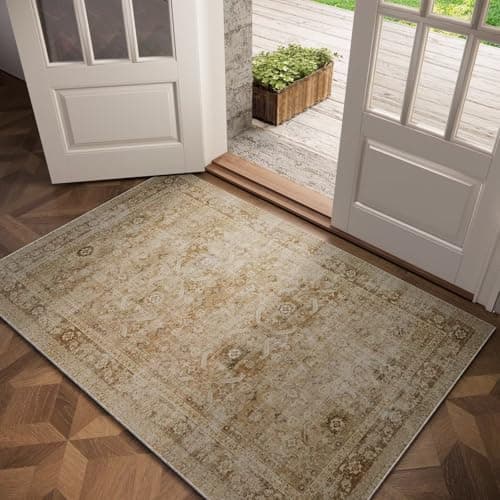 Washable 3x5 Entryway Rug Indoor, Boho Non-Slip Silicone Backing Small Rugs for Kitchen Nursery Office Bedroom, 0.3" Neutral Oriental Thick Throw Carpet with 0.16" Cushioning Pad