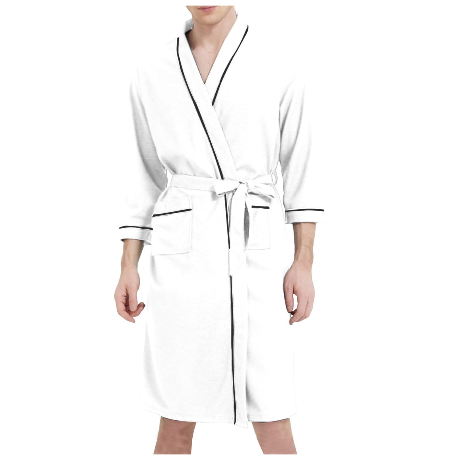 WAZHAKU Men's Lightweight Cotton Dressing Gown Long Sleeves Travel Bathrobe Kimono Sauna Gown Man Leisure Loungewear with Pockets and Belt House Coat Long Dressing Gown Bathrobe, X White, M