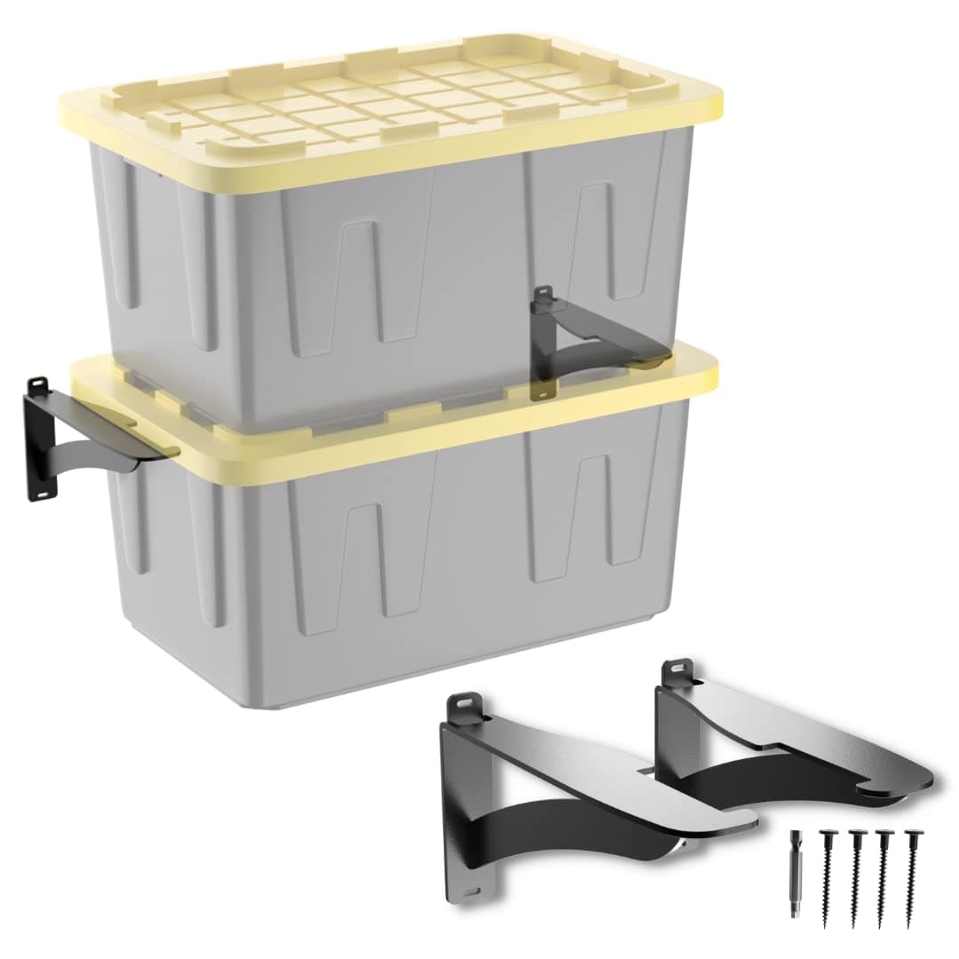 Koova Wall Mounted Tote Rack Storage System, Fits 27-Gallon Black and Yellow Commander Style Bins, Wall Mount Bracket Shelves for Garage or Shed Organization, Heavy Duty Steel, Made in USA (2-Piece Set)