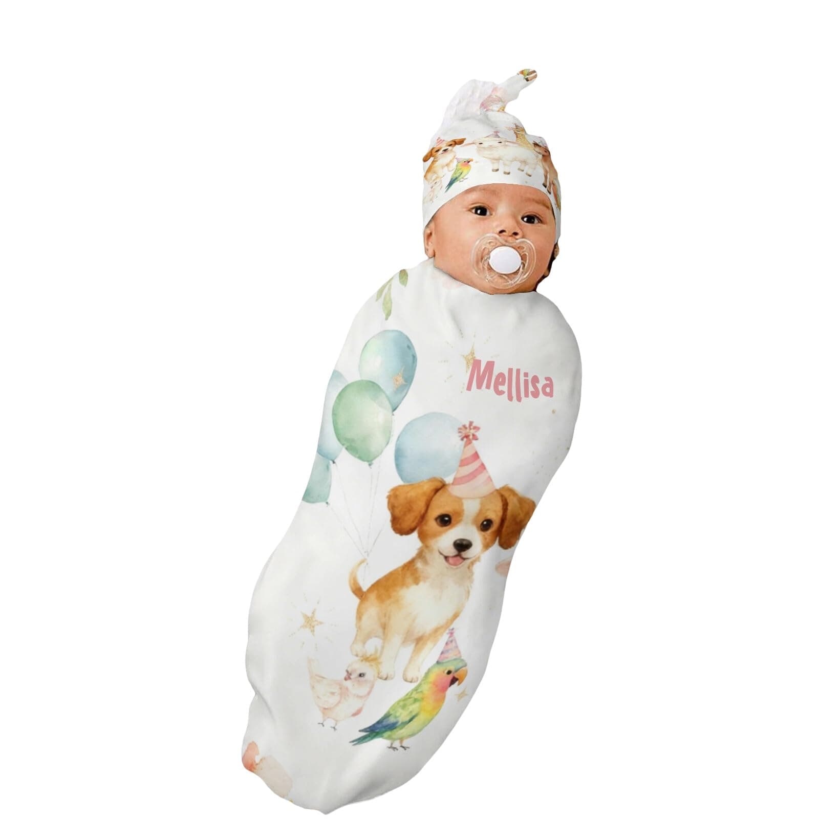 Customed Swaddle Blanket with Hat Set Newborn Watercolor Animal Dog Balloon Receiving Soft Blankets Baby Swaddle Wrap Soft Sleep Sack for Baby Boys and Girls