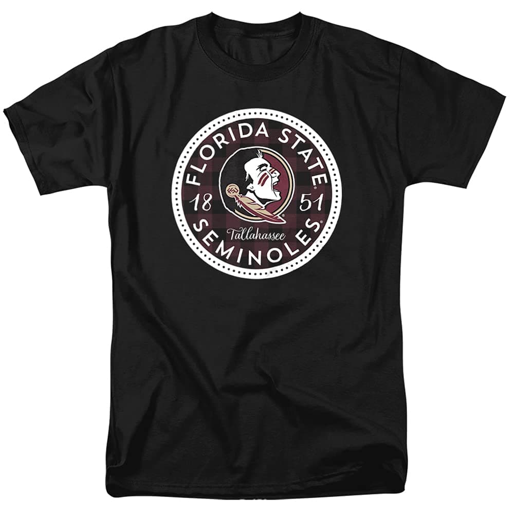 Florida State University FSU Seminoles Official Plaid Badge Unisex Adult T-Shirt, Black, Small