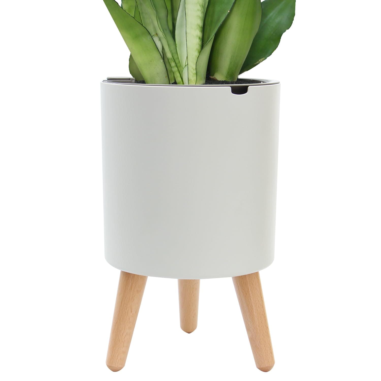 Oliz 7.8 Inch Planter Pot with Solid Wood Legs, Self Watering Planter Pots with Water Shortage Alarm Planter Pot for Indoor Outdoor Modern Flower Planter for Home & Garden(White)
