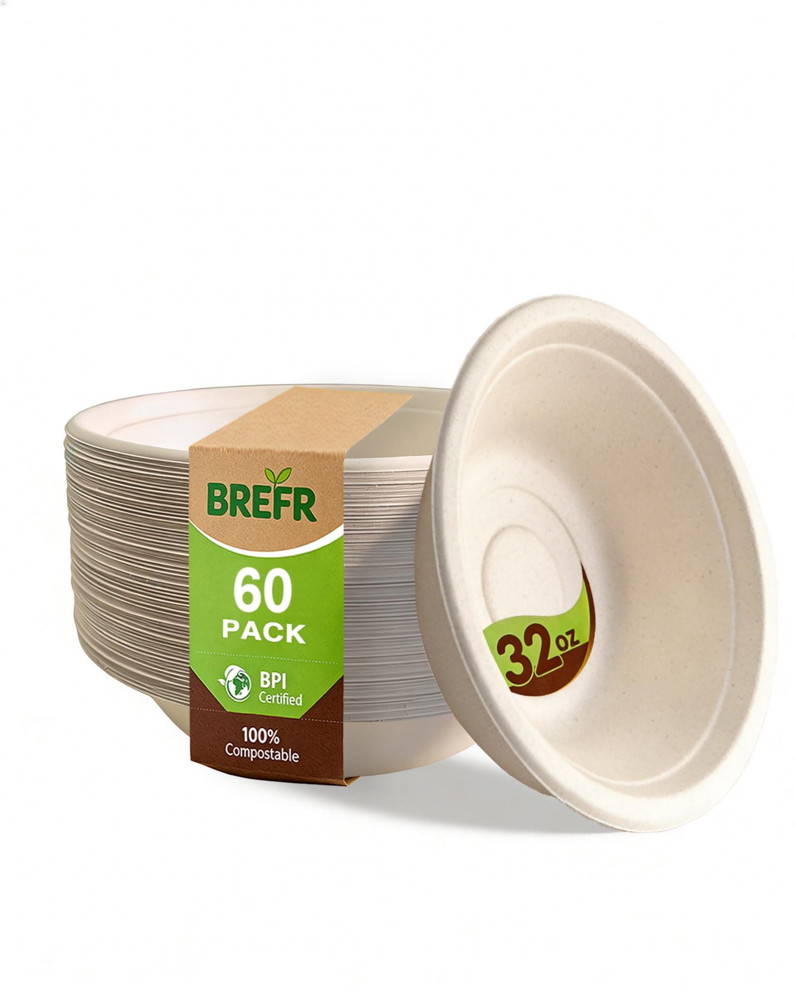 BREFR 60 Pack 32oz Compostable Paper Bowls, Heavy Duty Large Bowls – Biodegradable Sugarcane Bowls for Salad, Noodles, Stew, Sharing