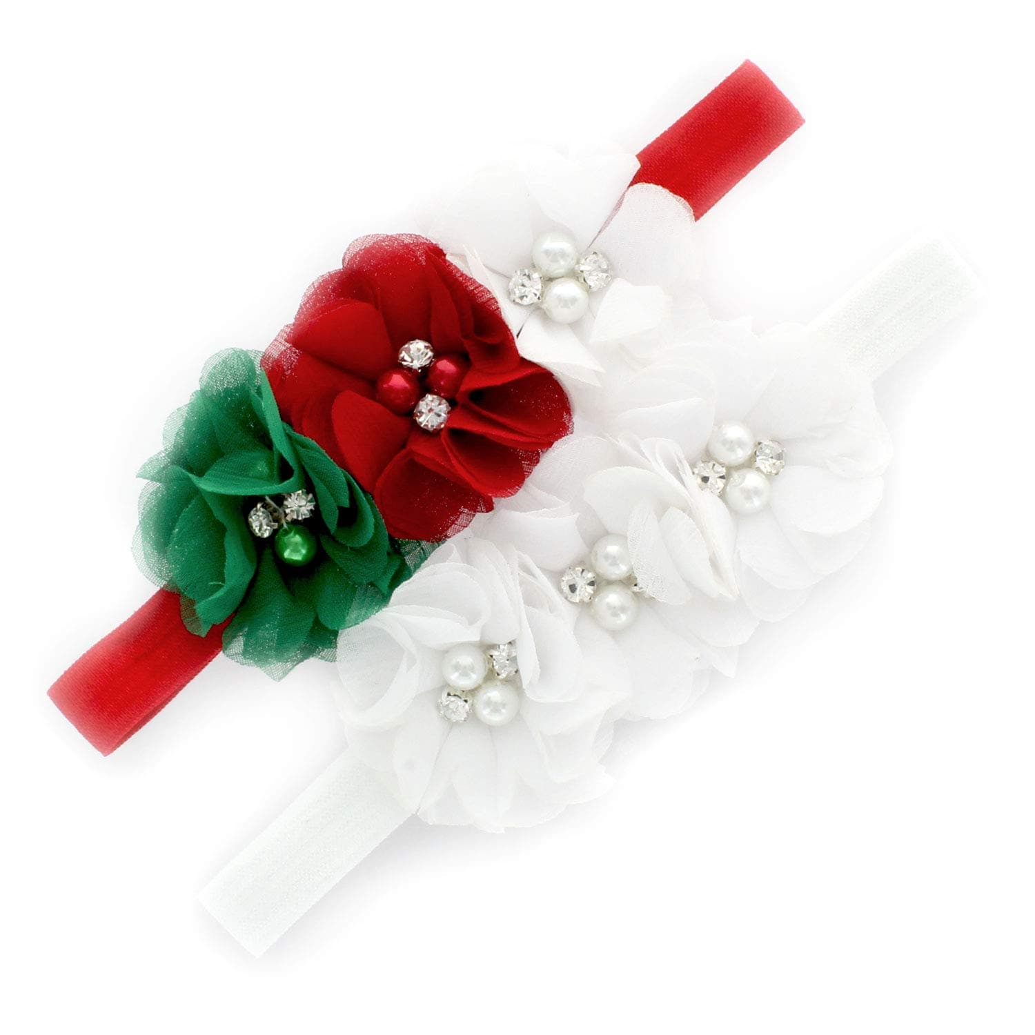My Lello Baby Flower Headbands Fabric Beaded Trio Stretchy Elastic Pair (Red/White/Green/White)