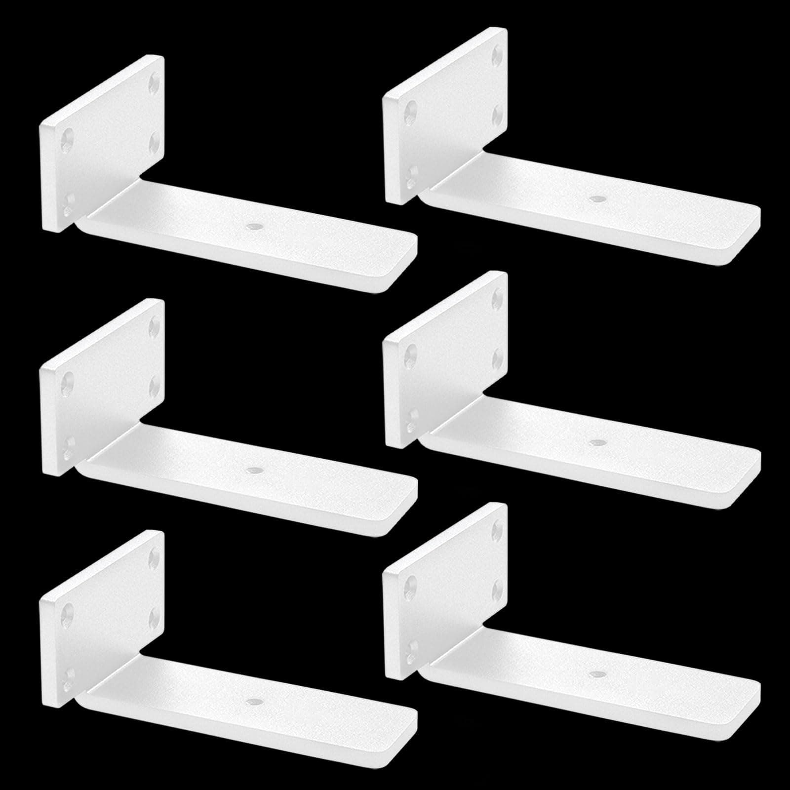Floating Shelf Brackets Heavy Duty - 1/5 Inch Thick Industrial White Metal L Brackets Premium Solid Steel Shelf Supports for Shelves - 6 Inch Heavy Floating Shelves Hardware (6Pcs)