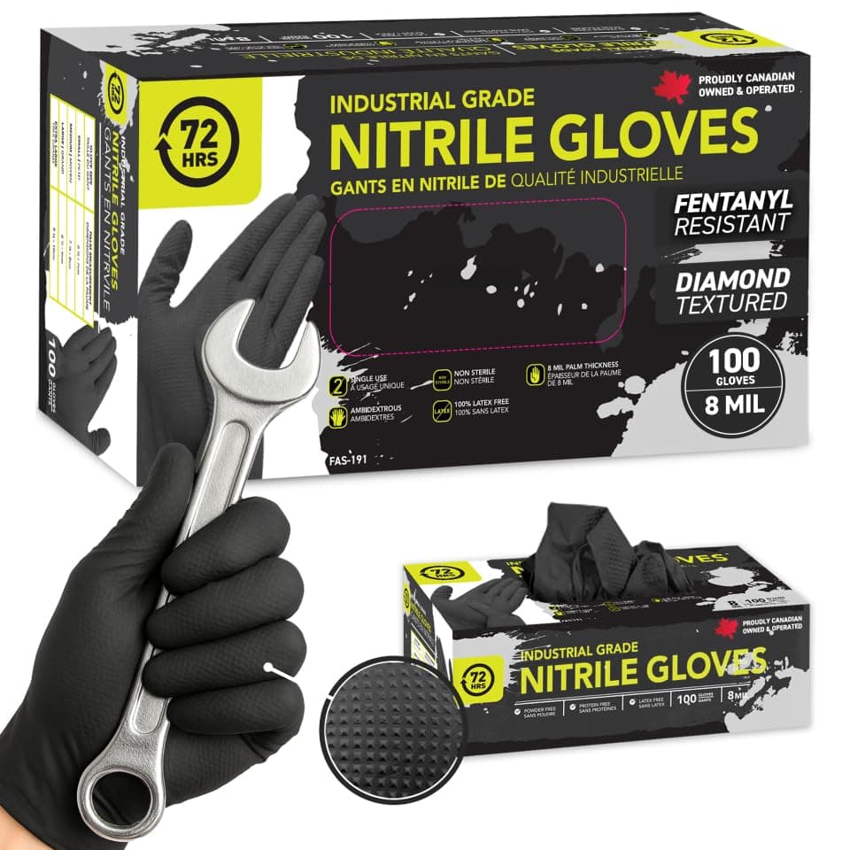 72HRS Black Nitrile Gloves - 8 Mil Rubber Disposable Gloves (100Ct, Medium)