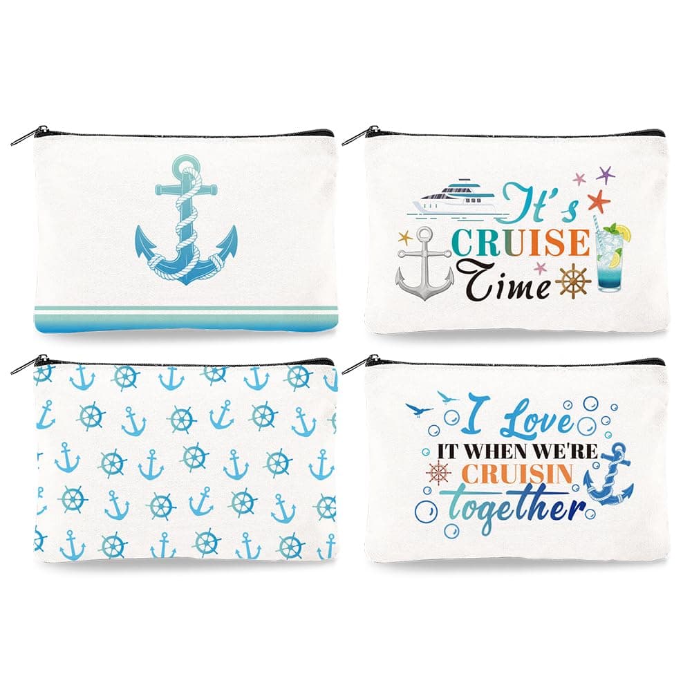 DOODLREAM 4Pcs Blue Anchor Canvas Makeup Bags, 23x15cm Cosmetic Bags with Zipper for Women, Cruise Theme Toiletry Storage for Travel Organizer Coin Purse