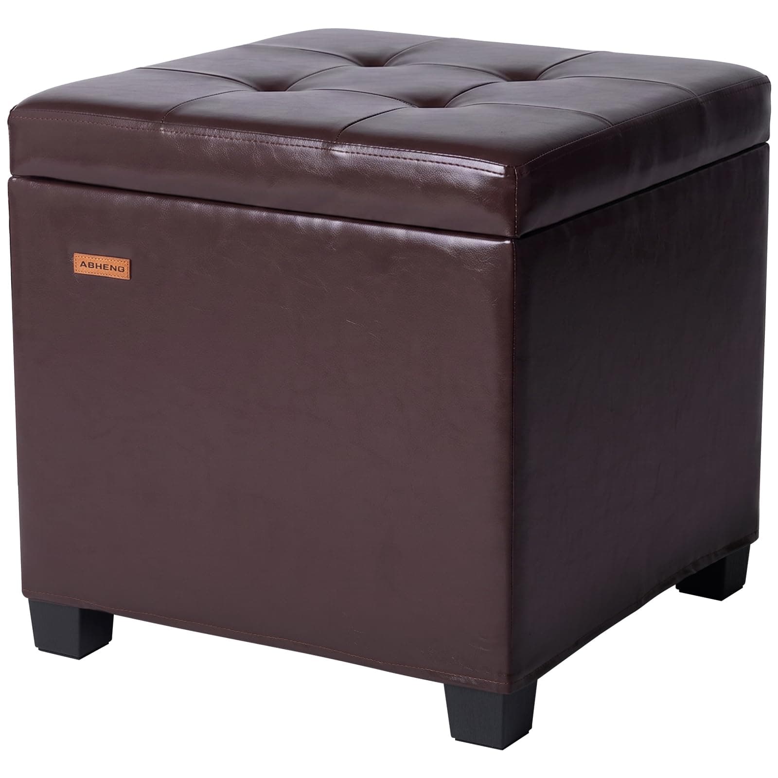 ABHENG Steel Frame Square Storage Ottoman Cube 45 x 45 x 45 cm,Tufted Upholstered Foot Stool Footrest with Legs,for Dorm Living Room Synthetic Leather Brown CASND63R