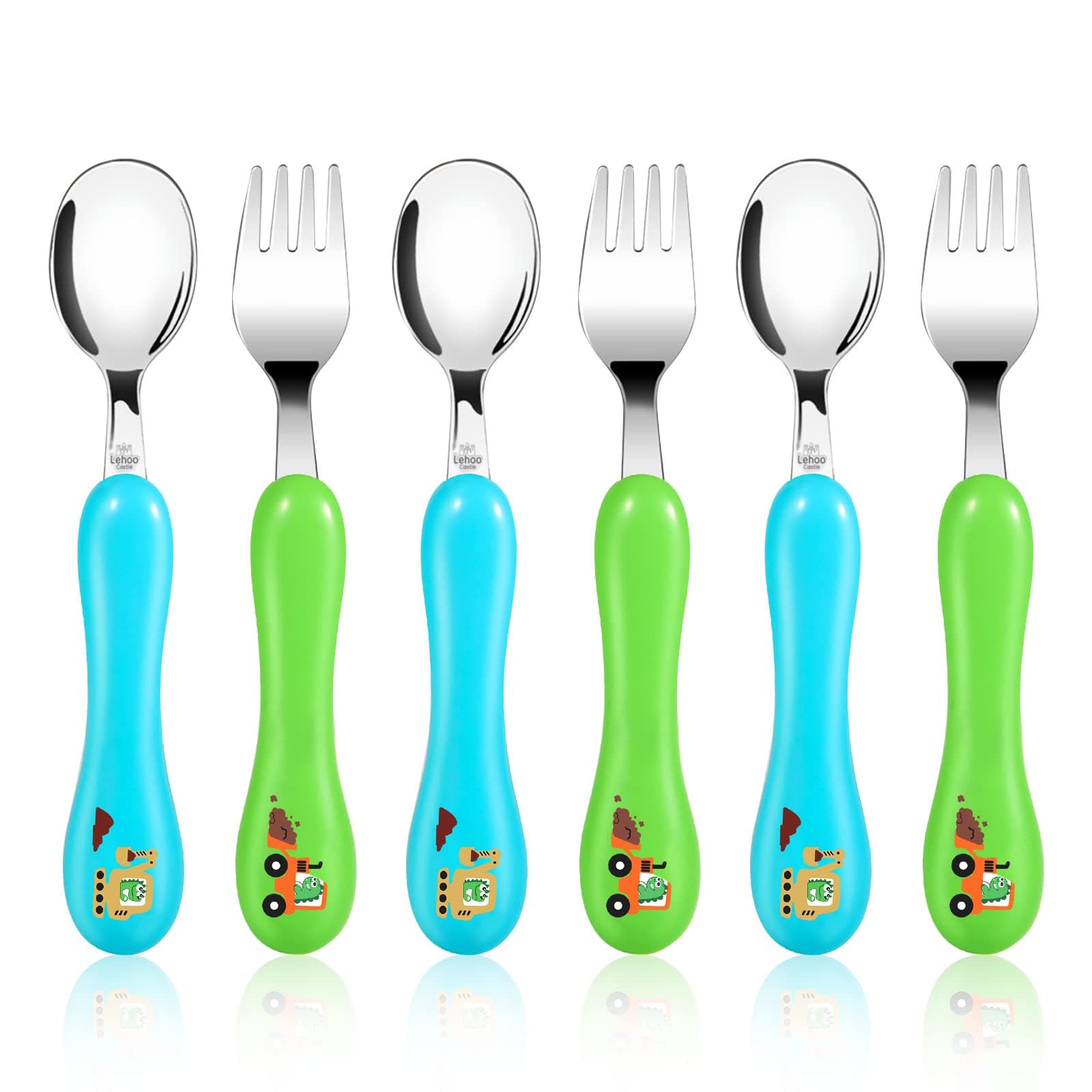 Lehoo Castle Stainless Steel Toddler Utensils Set, 6-Piece Excavator Design
