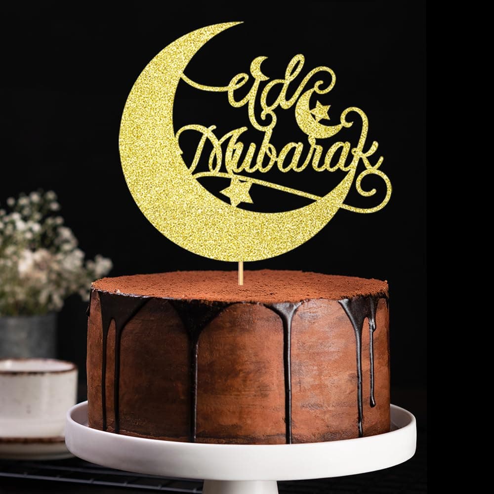 WRACKKIAR Gold Glitter Eid Mubarak Cake Topper - 1 Pc, Perfect for Eid, Ramadan, Wedding & Birthday Parties