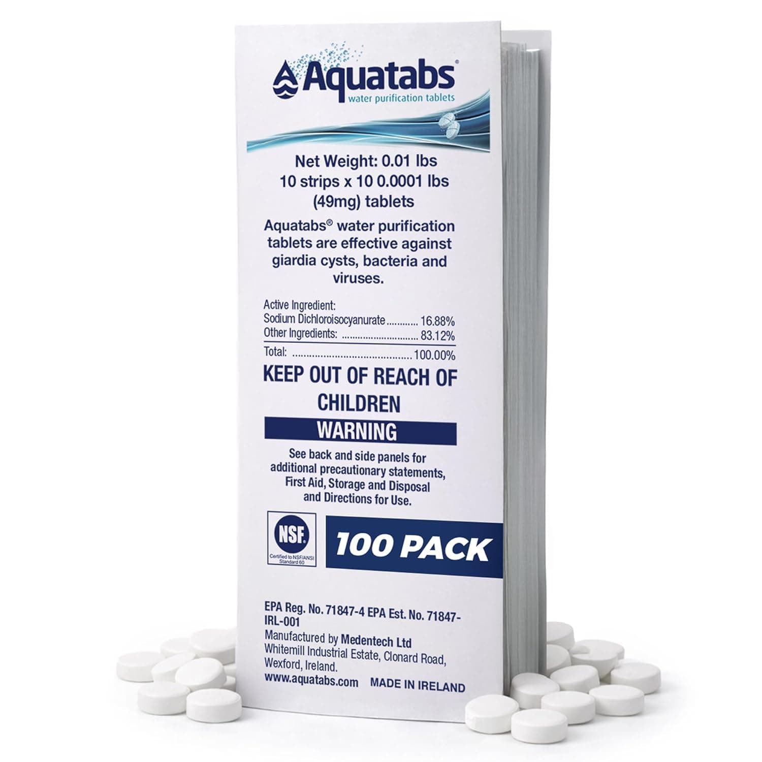 Aquatabs 49mg Water Purification Tablets (100 Pack). Water Filtration System for Hiking, Backpacking, Camping, Emergencies, Survival, and Home-Use. Easy to Use Treatment and Disinfection.