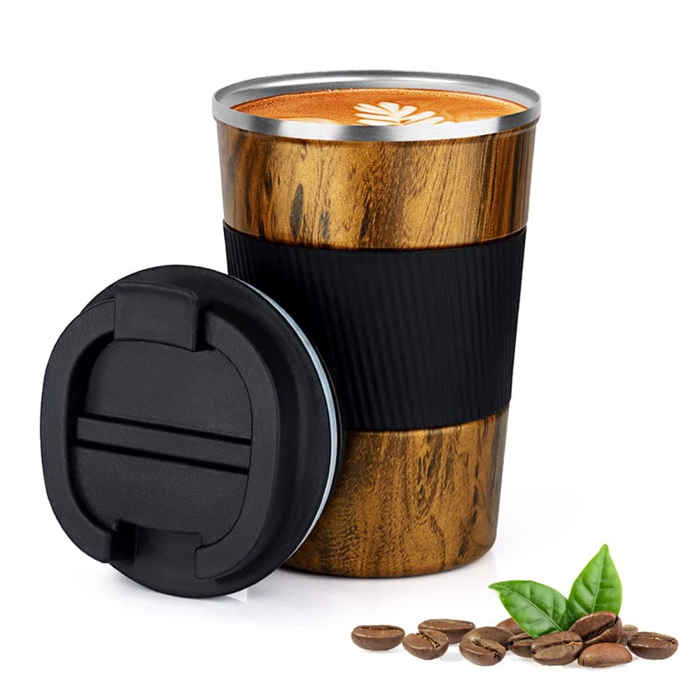 Hestiasko 13 oz Coffee Mug, Double Walled Vacuum Travel Mug, Leakproof Travel Coffee Mug with Lid, 304 Stainless Steel Insulated Coffee Mug for Hot Ice Coffee Cola Milk Tea(380ml, Dark Wood Grain