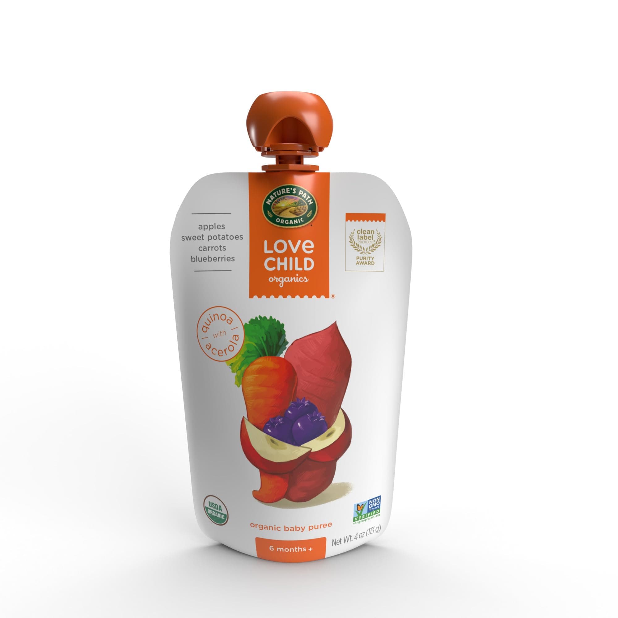 Love Child Organics Superblends Apples, Sweet Potatoes, Carrots + Blueberries Puree, 4 oz (Pack of 12), Non-GMO, by Nature's Path