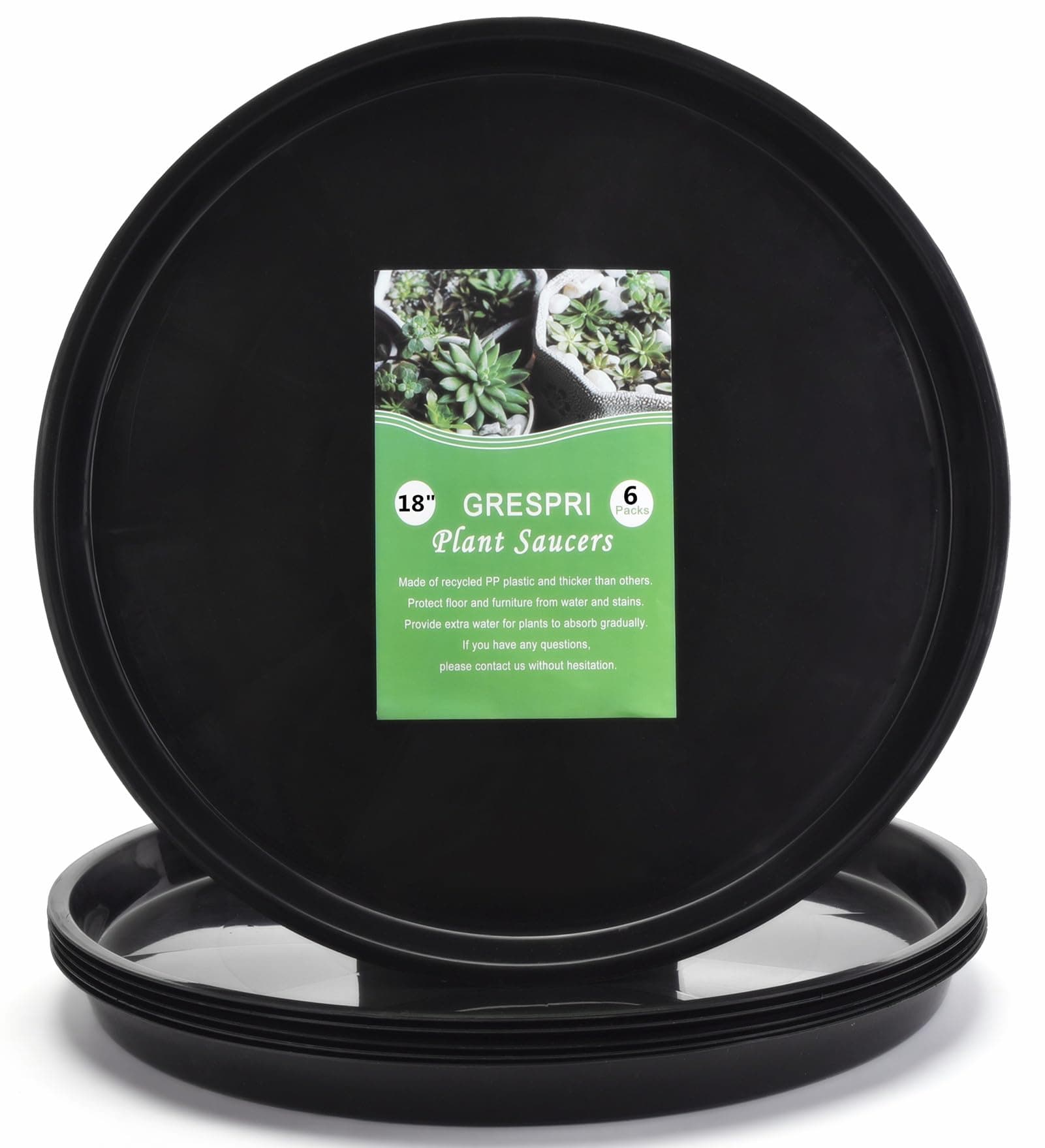 GRESPRI 18-Inch Black Plant Saucers for Pots Up to 16.2"(6-Pack)
