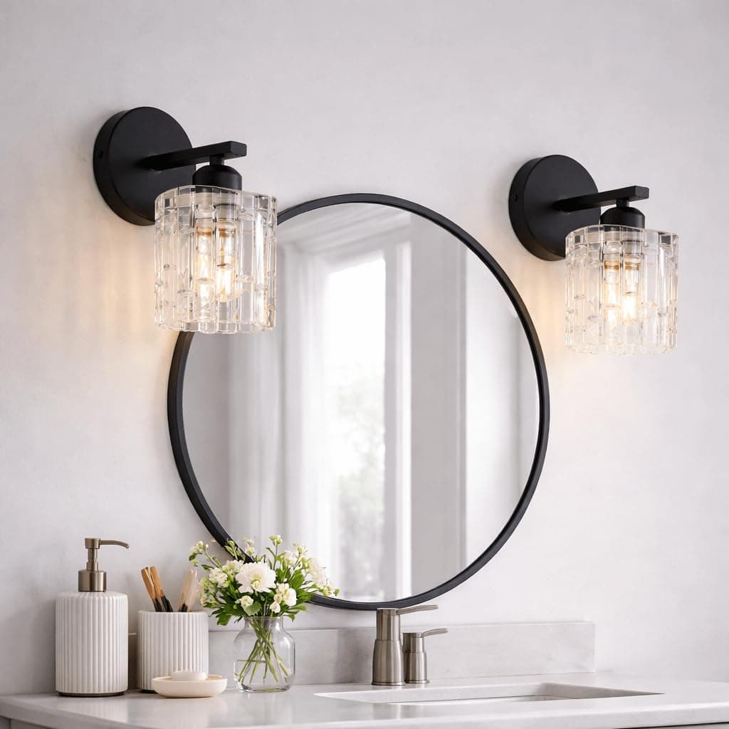 SENKERFAN 2-Pack 1-Light Modern Matte Black Crystal Wall Sconces, Hardwired Indoor Bathroom Vanity Light Fixtures, Crystal Over Mirror Lamps for Living Room, Bedroom, Hallway