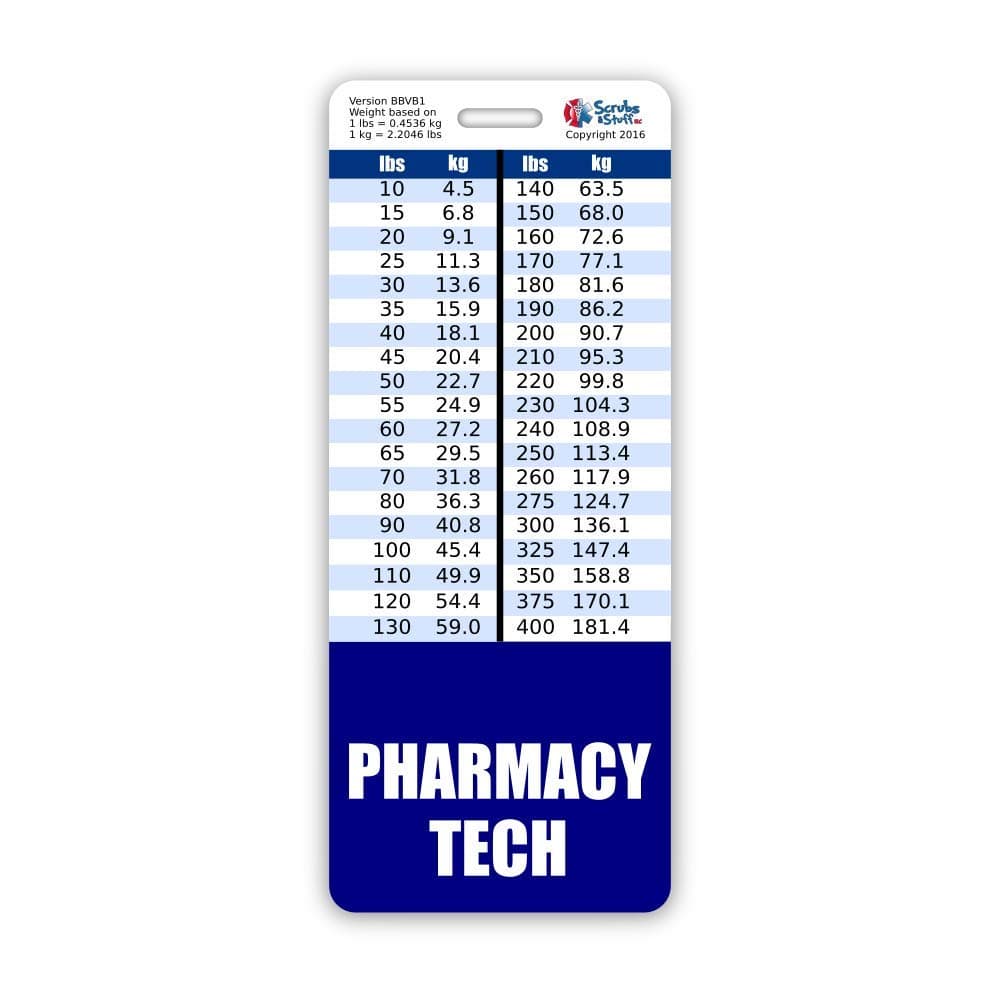 Pharmacy Tech Badge Buddy Vertical w/Height & Weight Conversion Charts (Oversized, Navy)