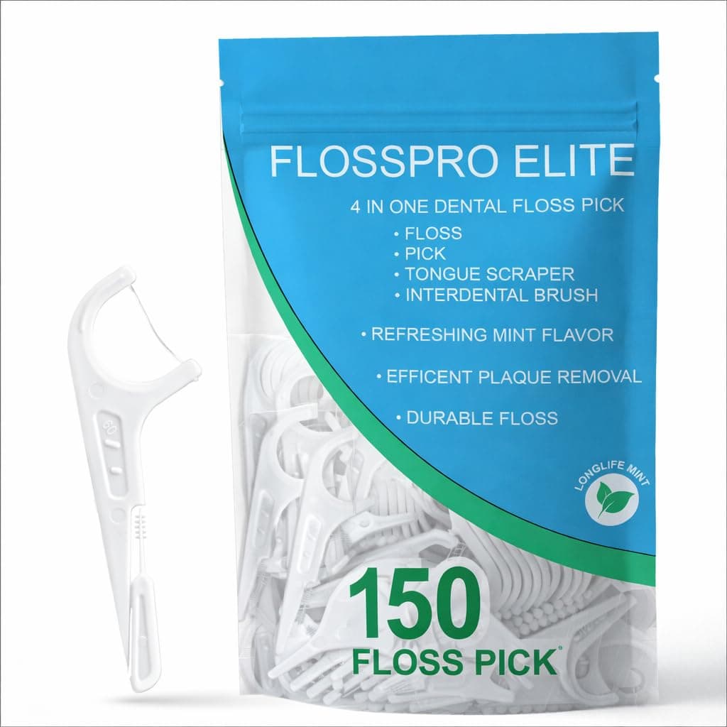 FlossPro Elite 150 Count Dental Floss Picks, 4-in-1 Floss Pick with Toothpick, Tongue Scraper & Interdental Brush, Mint Flavored Floss Pick