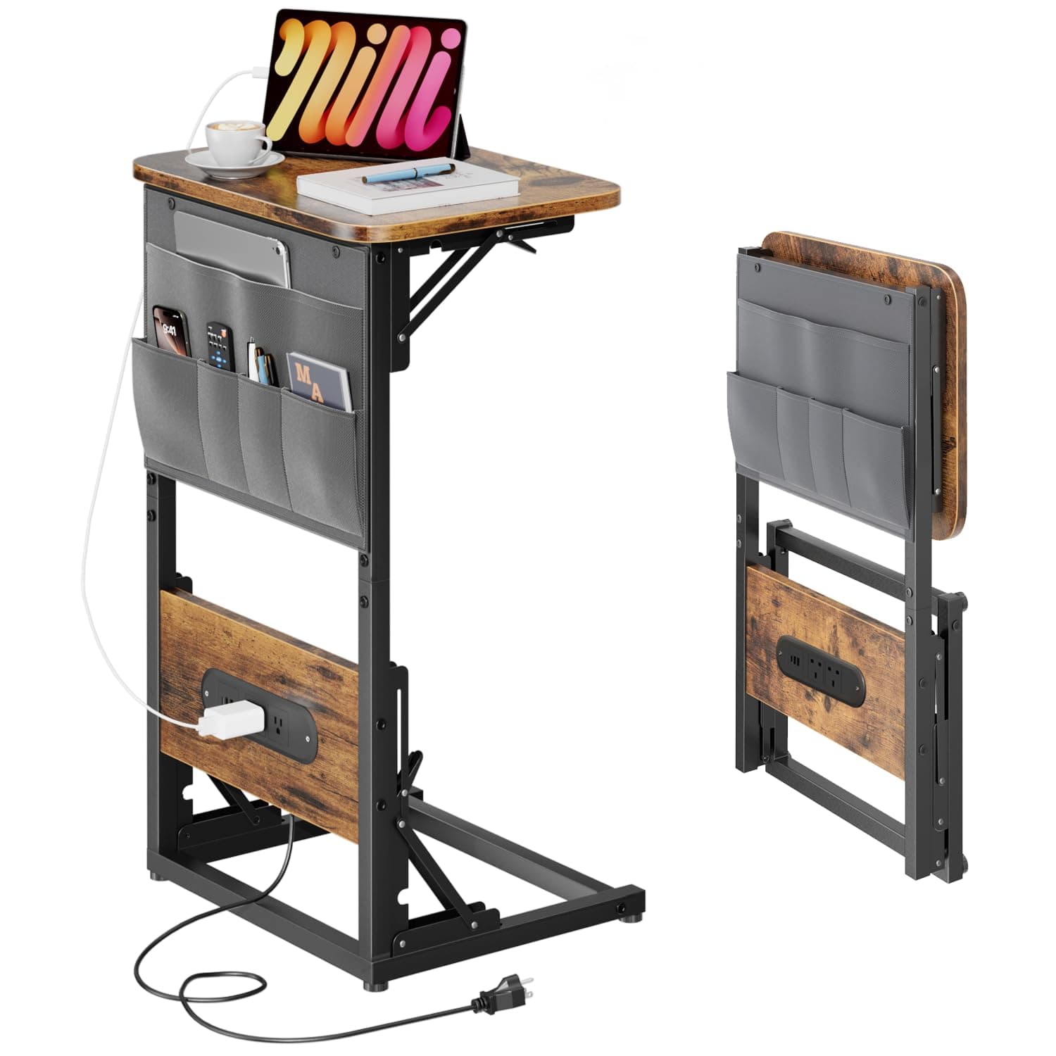 HLDIRECT Foldable C Shaped End Table with Charging Station