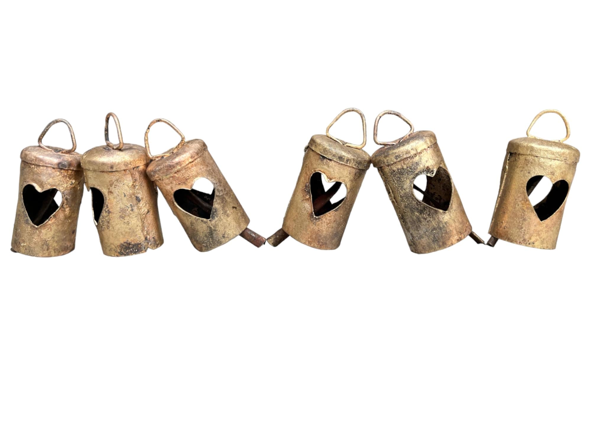 Mango Gifts Tibetan-Inspired Metal Cow Bells with Jute Twine Hanging and Vintage Gold Decorative Bells for Rustic Home Decor, Farmhouse Wall Accent, Pack of 6 – Mug Heart 2.5 Inches
