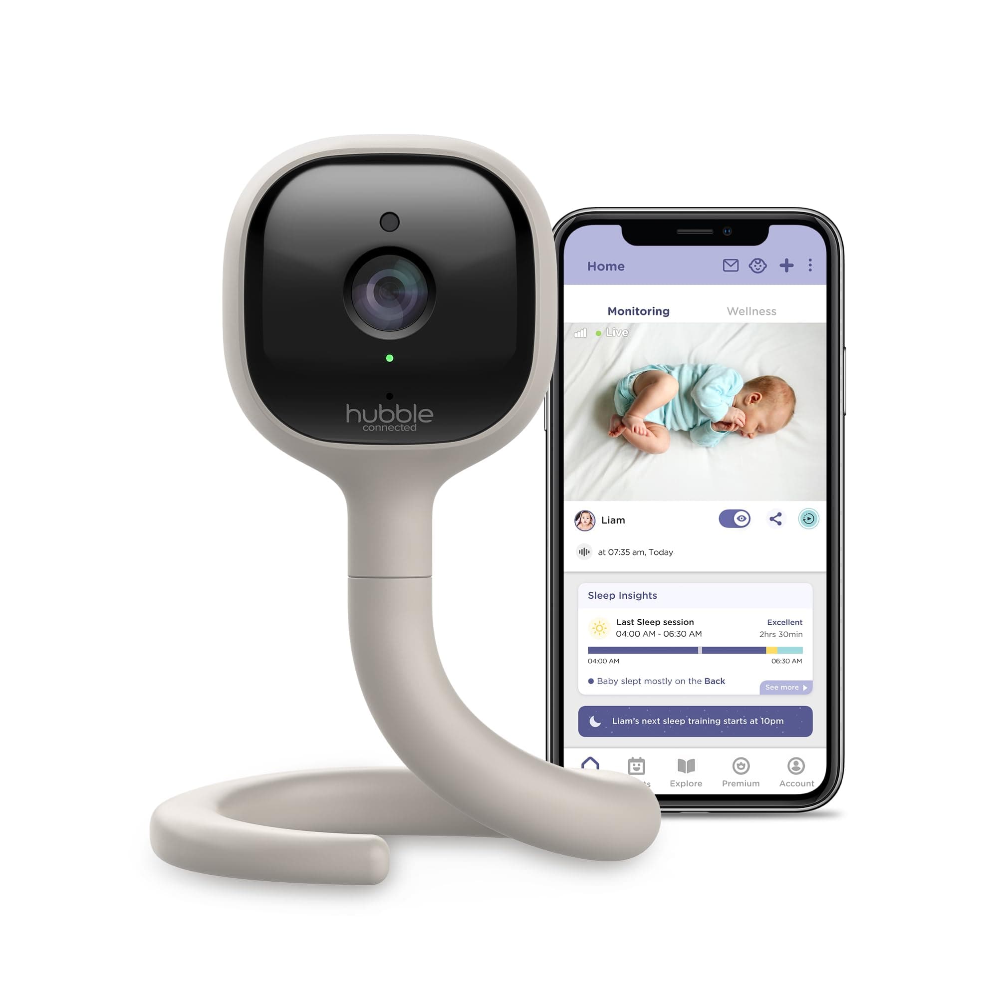 HUBBLE CONNECTED AI Vision 5-in-1 2K UHD Baby Monitor with AI Alerts, True Cry Detection, Sleep Insights, Nightlight & Smart Soother, Flexible Mount, Dual-Band Wi-Fi (5 & 2.4 GHz)