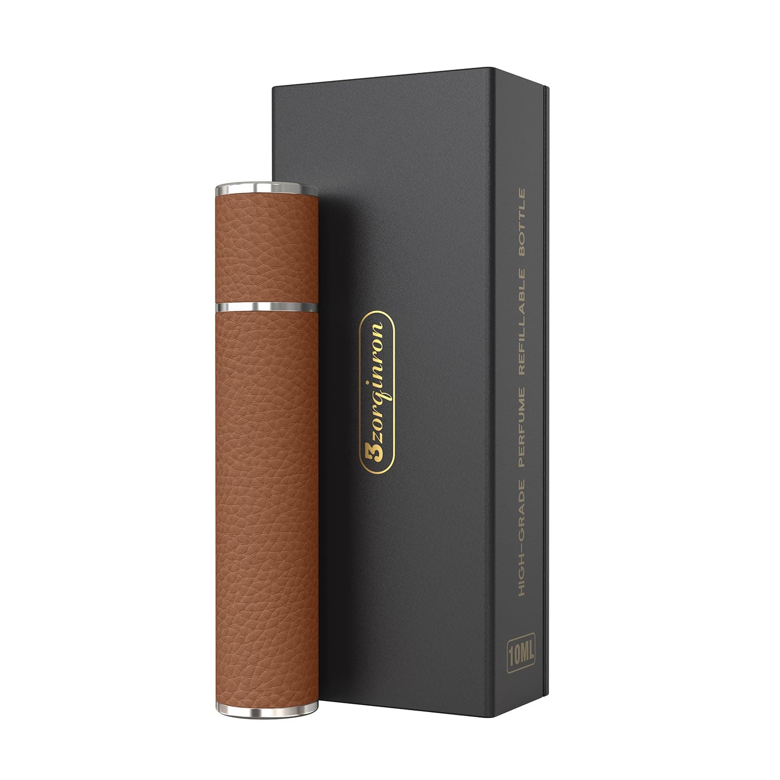 Perfume Travel Spray Bottle, 10ml Leather Refillable Cologne Atomizer with Leakproof Refill Pump - Men Women Essentials (Brown)