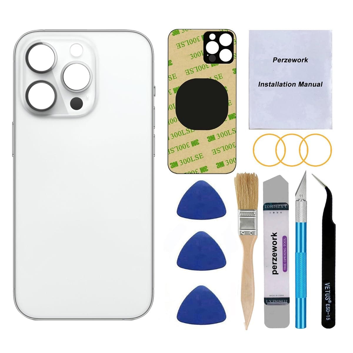 Perzework OEM Rear Back Glass Replacement for iPhone 14 Pro 6.1 inches with Reparing Toolkit and Pre-Installed Adhesive (Silver)
