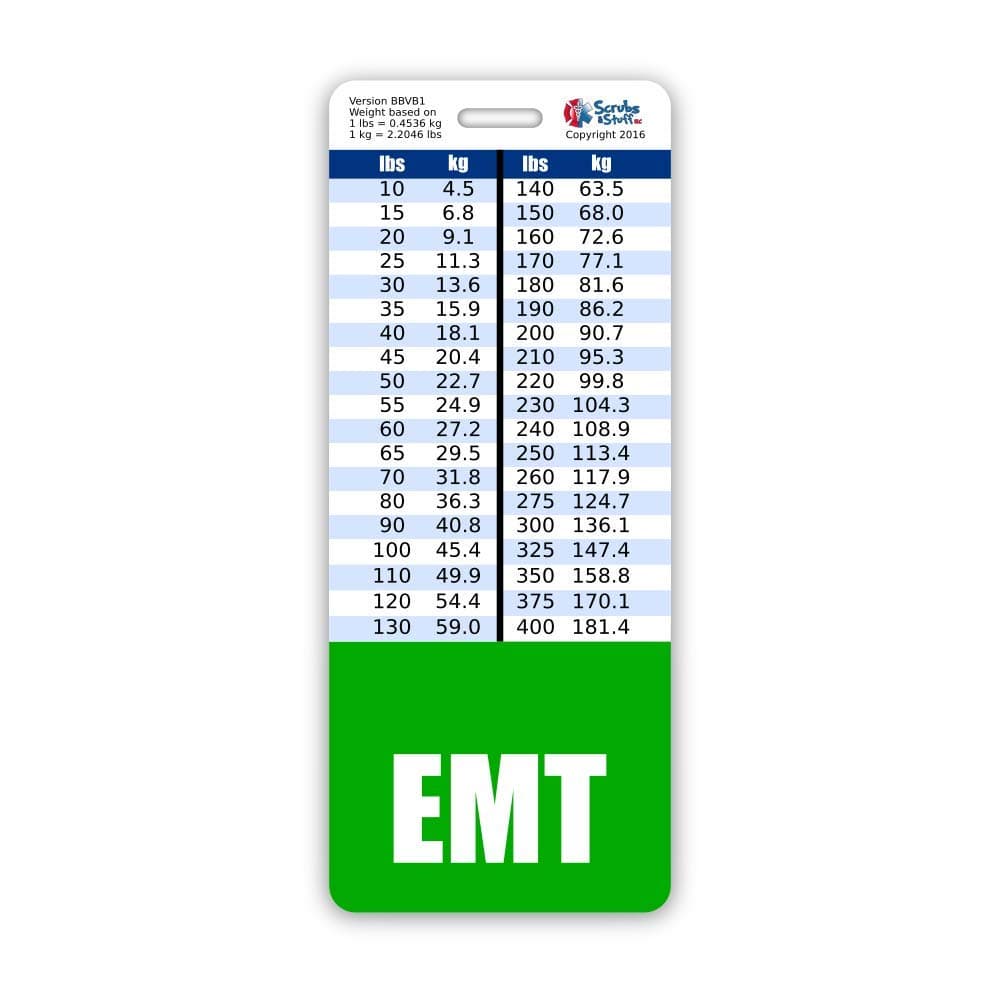 EMT Badge Buddy Vertical w/Height & Weight Conversion Charts (Oversized, Green)