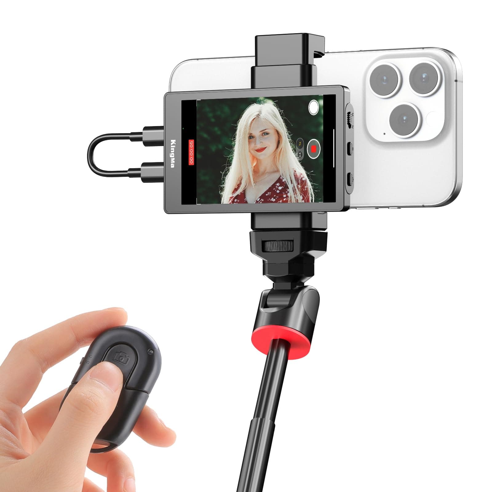 King Ma 4K 30FPS Phone Vlog Selfie Monitor Screen, Wired Mini Monitor for iPhone Rear Camera with Magnetic Phone Clip & Bluetooth Remote for Vlog Live Stream TikTok