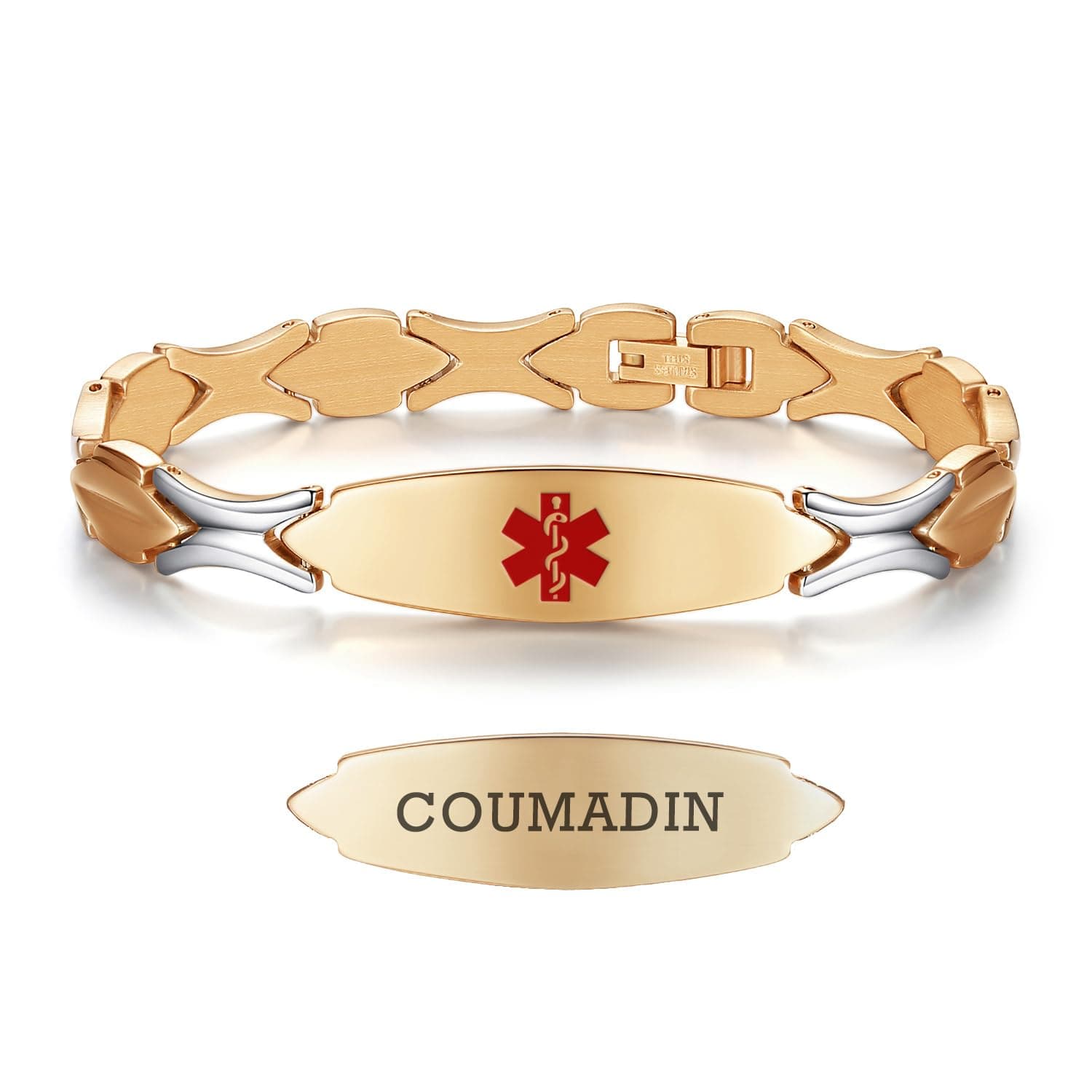 LinnaLove Medical Alert Bracelets Women Fashion Stainless Steel Medical Bracelets with Free Engraving (GOLD-coumadin)