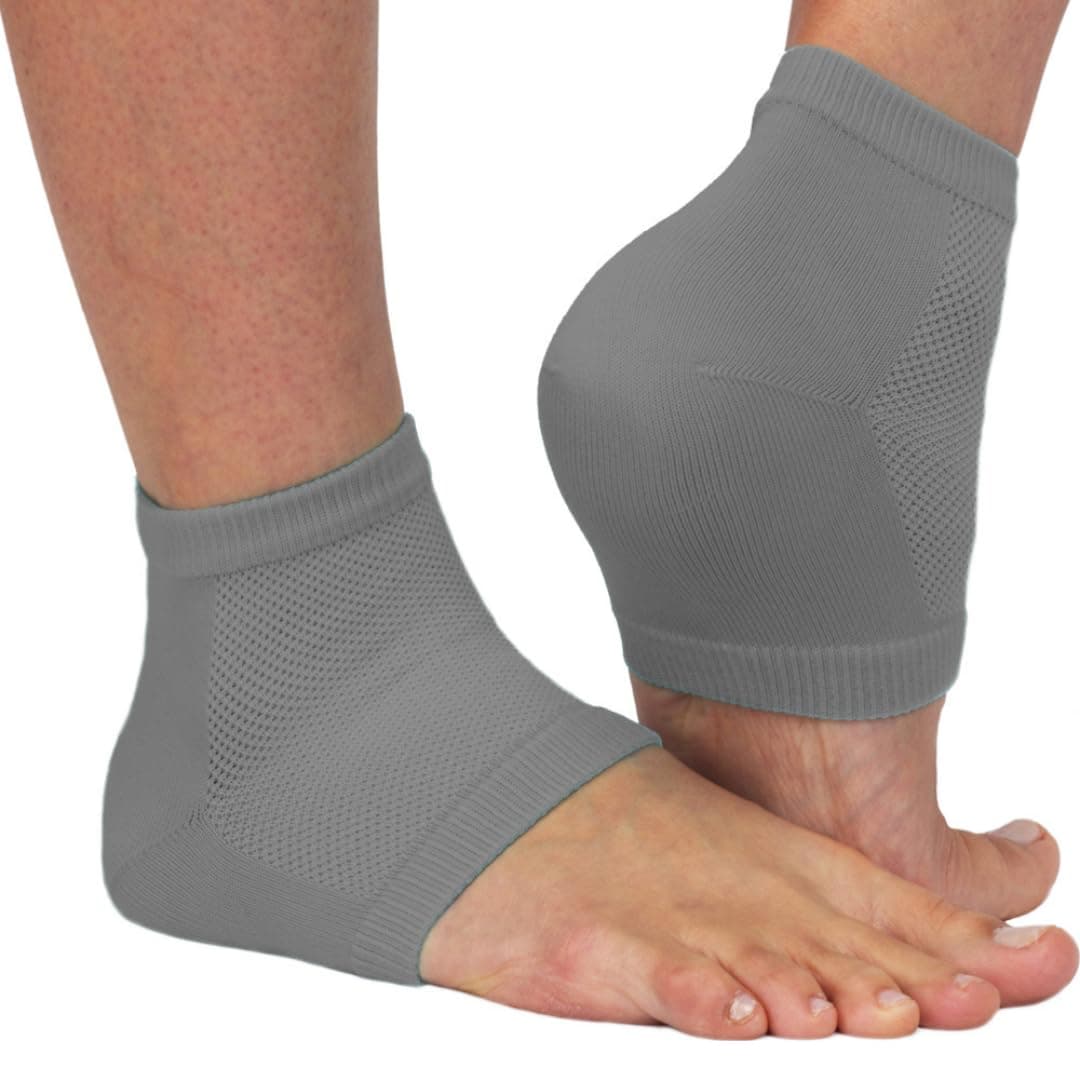 NatraCure Vented Moisturizing Gel Heel Sleeves - Skin Softening Footcare Treatment Socks for Cracked Heels, Dry Feet, Foot Calluses, Rough Heel Socks – 1 Pair – Large - Grey