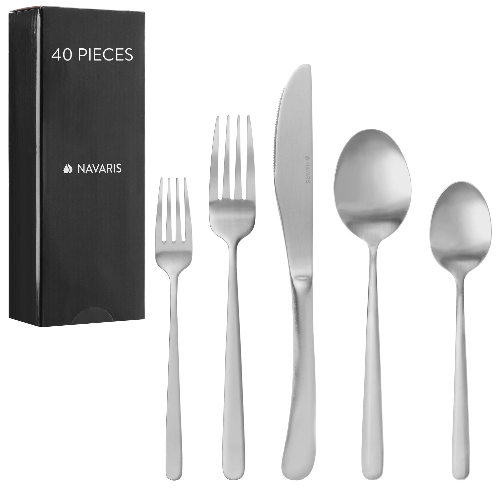 Navaris Silverware Set - 40-Piece 18/0 Stainless Steel Kitchen Cutlery Sets with Satin Silver Finish - Versatile Dinner Knives and Forks and Spoons Dinner Set for 8 People