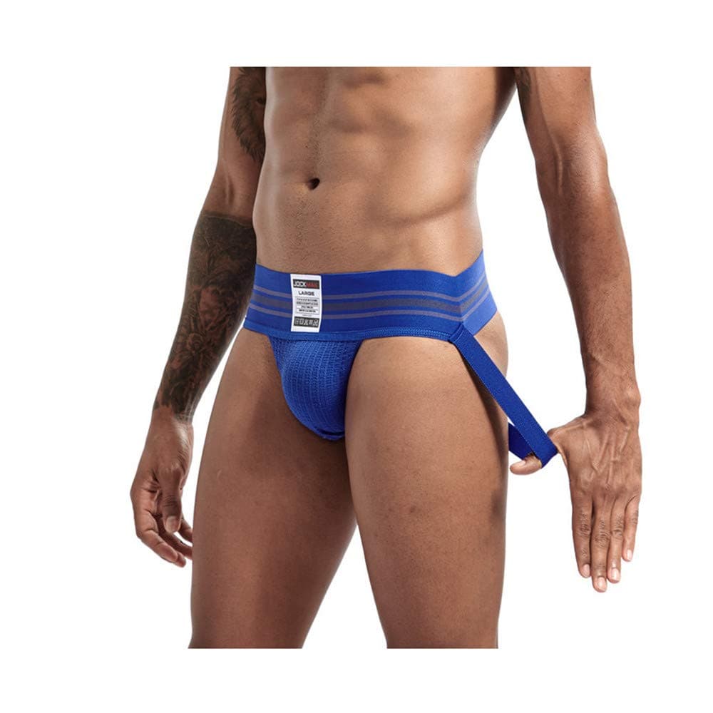 Sexy Men Jock Strap Athletic Jock Strap Supporter Thongs and G Strings Wide Belt Sexy Underwear Brief 7 Colors M-XXL (XL, Blue)