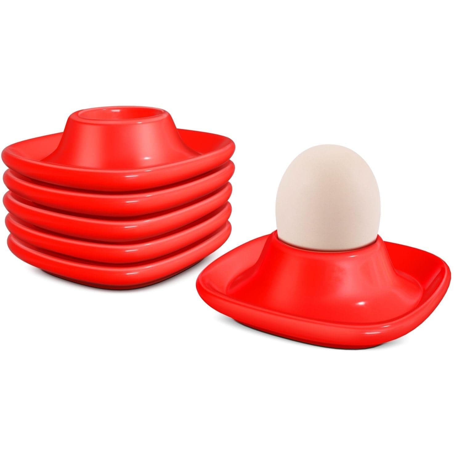 Flexzion Egg Cups for Soft Boiled Eggs - Set of 6 Ceramic Egg Holder - Stackable Egg Coddler Cups with Base for Serving, Breakfast, Brunch - Kitchen Table Decor, Red
