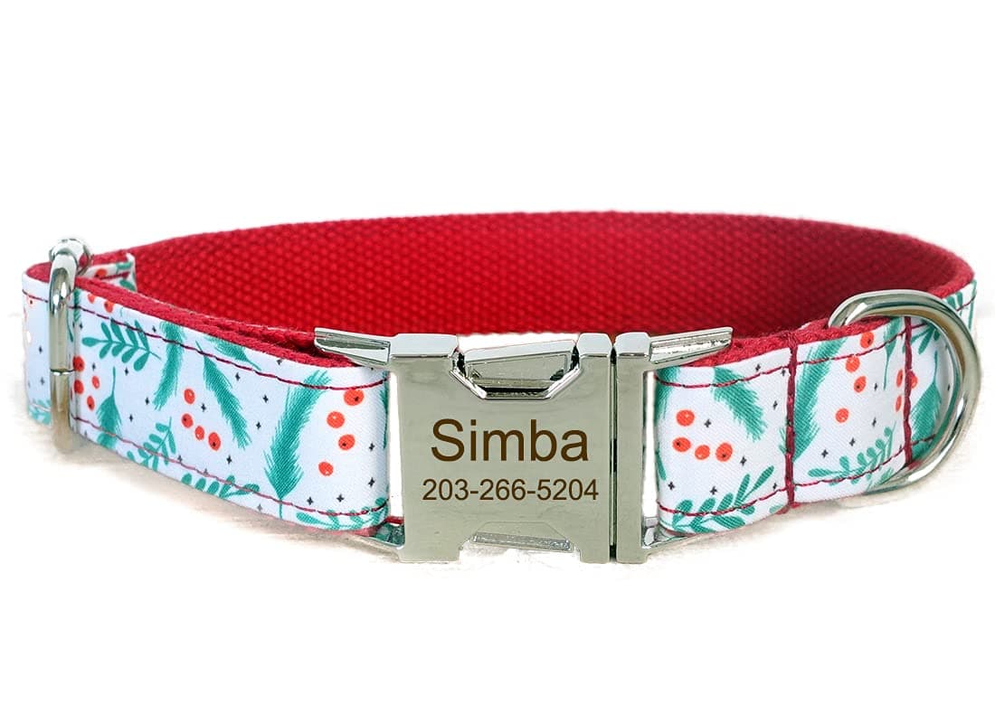 Dog Collars Custom Personalized with Names Engraved, Halloween & Christmas Style for Small Medium Large Pets Puppy Cat ID Tags (M, Christmas Leaf)