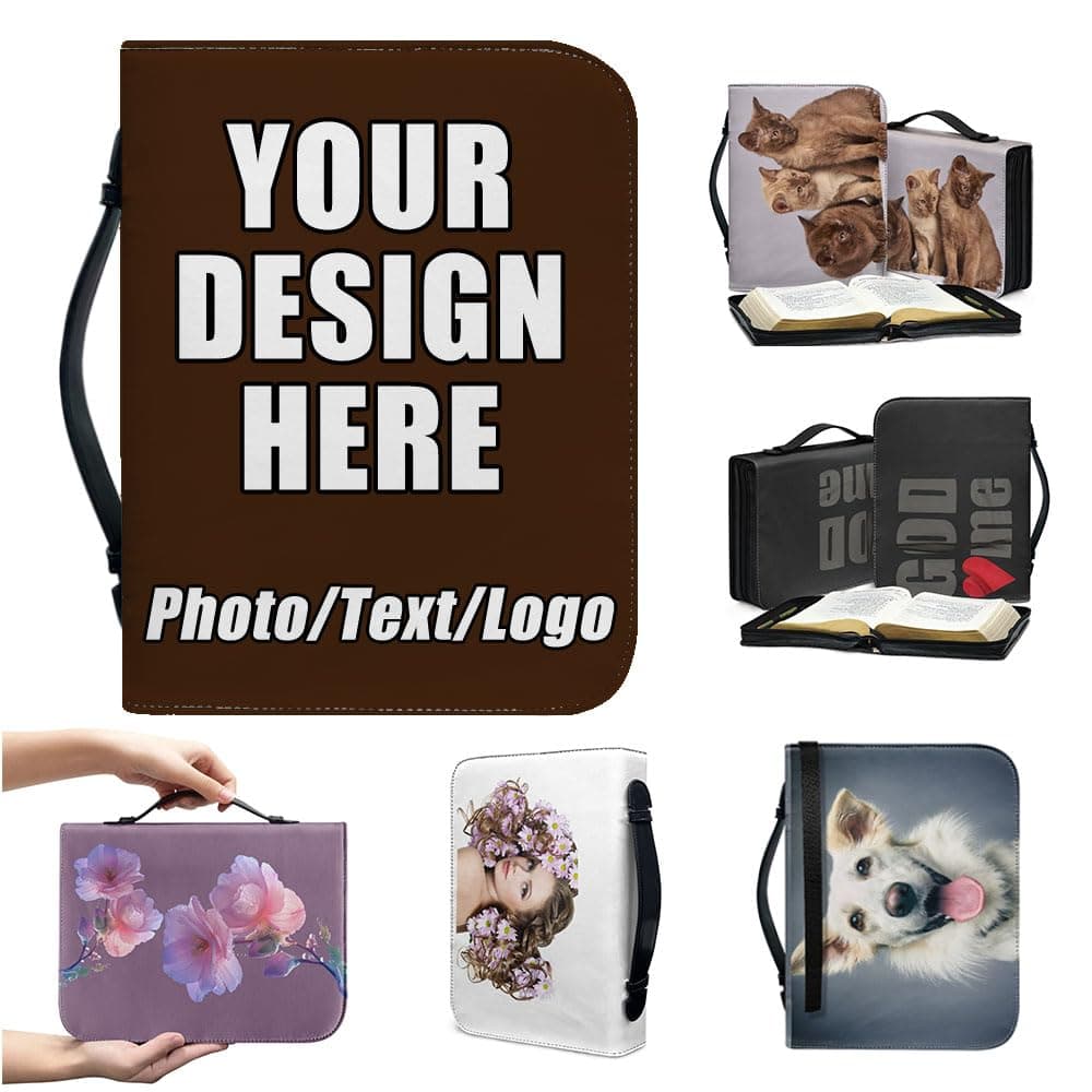 CLOAZKU Customized Bible Cover Case with Photo Text Logo, Personalized Bible Cover with Handle Wear-resistant Lightweight, Custom Large Capacity Bible Covers for Mom Dad Friend Him Her, DarkBrown, M