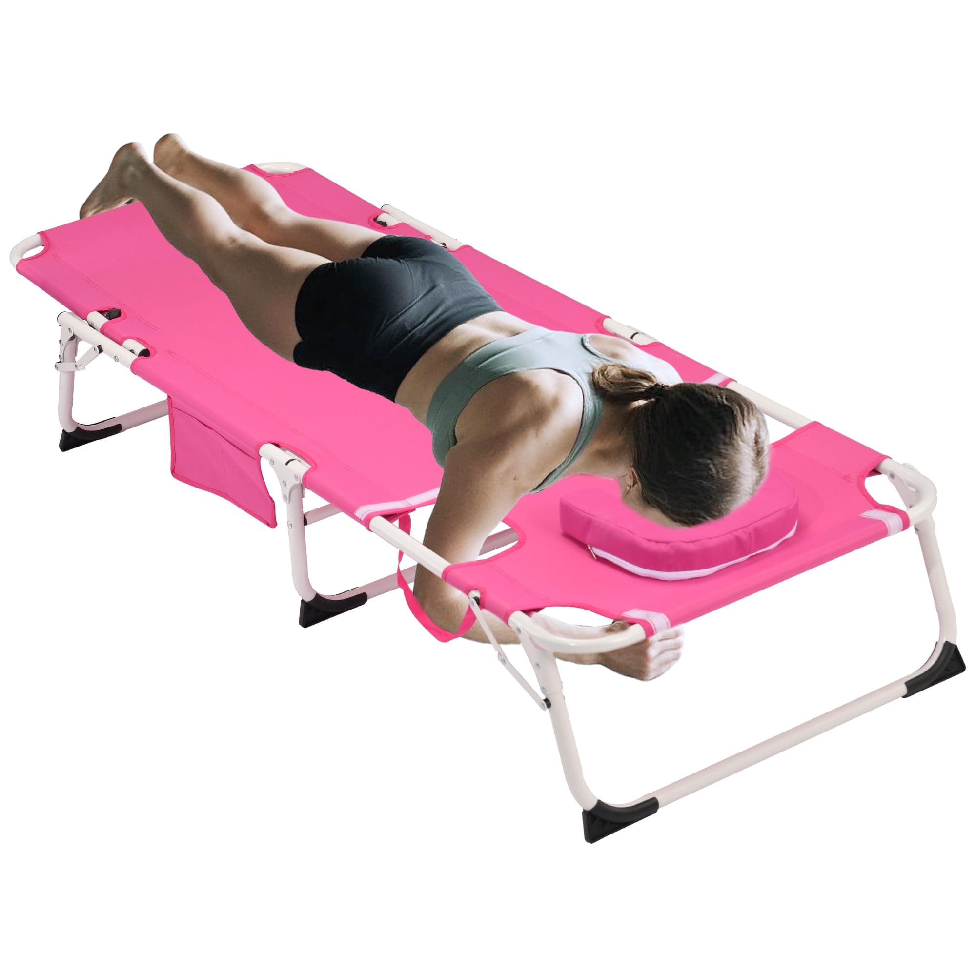 ZEnvya 3-in-1 Heavy-Duty Sun Lounger with Face & Armrest Holes, 5-Position Adjustable Folding Beach Chair for Outdoor Patio, Pool, Lawn, Camping, Deck (Pink)