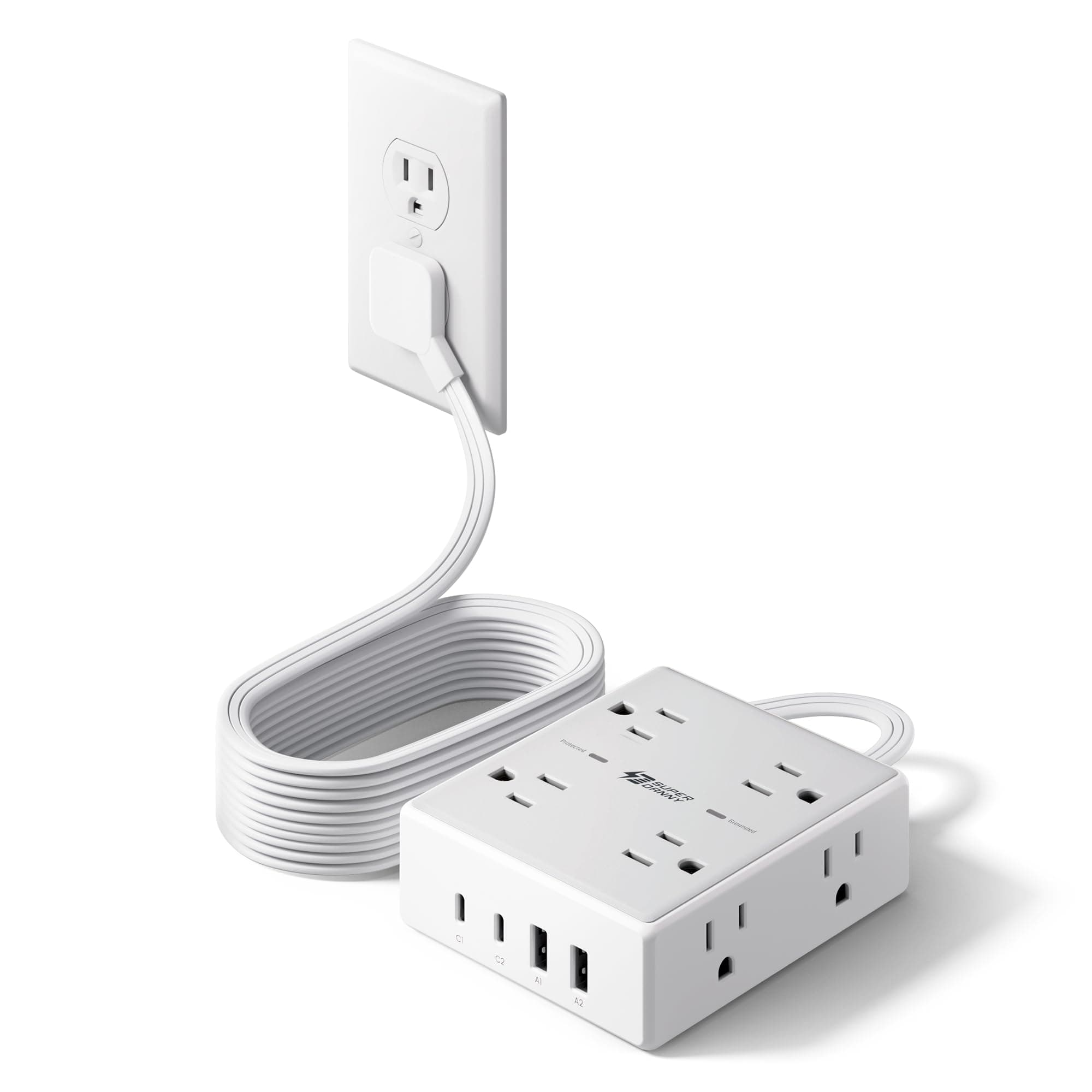 Cable de extensión de 10 pies con múltiples tomas, protector de sobretensiones de enchufe plano, cable de 10 pies de largo, 8 salidas y 4 puertos USB (2 USB C), estación de carga de escritorio para