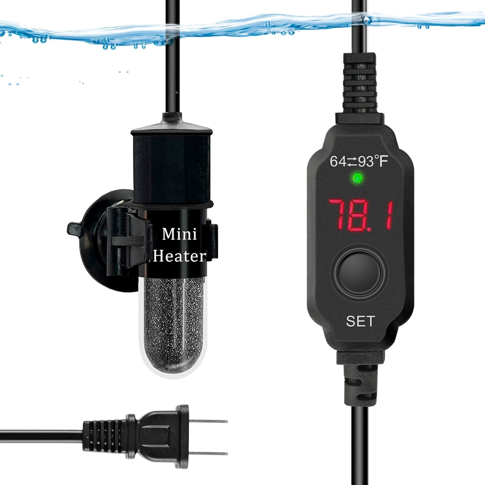 Mini Submersible Aquarium Heater, 10/20/25/30/50/100 Watts Adjustable Fish Tank Heater, Built-in Thermometer, External Temperature Controller, Smart Memory, Used for 1-60 Gallons (10W)