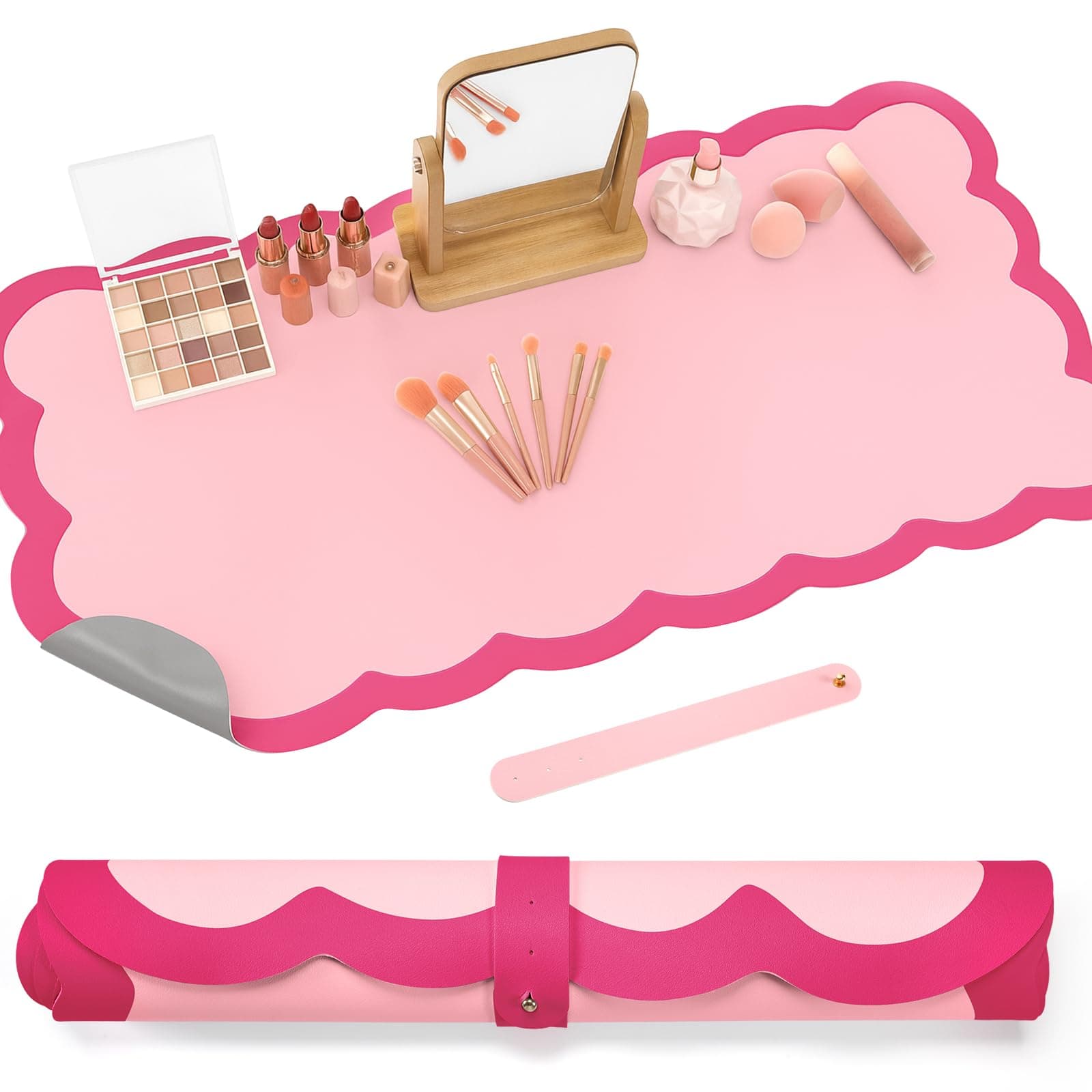 Teenyyou Makeup Mat for Vanity Scalloped Makeup Mat Dual-sided Dressing Table Pad Waterproof Mouse Pads for Dressing Desk Desktop Table(Pink)
