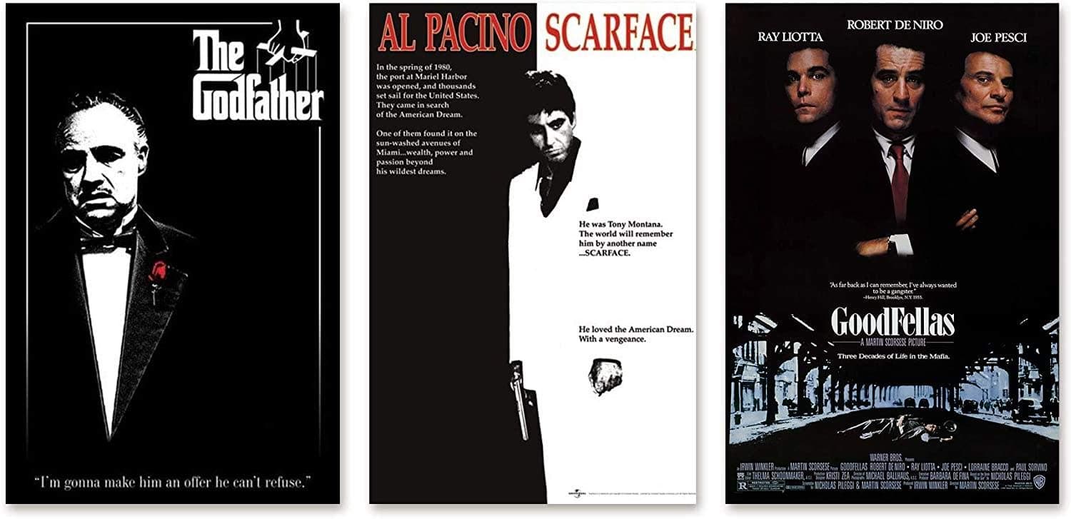 Close Up Gangster Movies Poster Set of 3, The Godfather, Al Pacino Scarface, Goodfellas - 61 x 91.5 cm, Multi-Colour