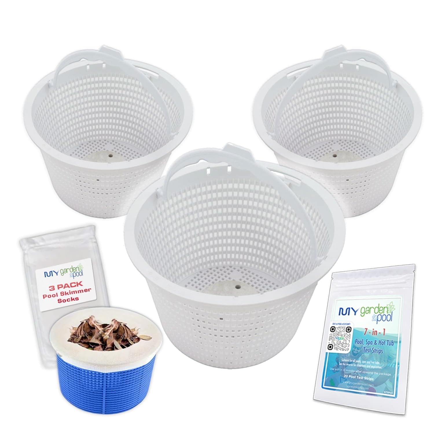 My Garden Pool 27180-009-000 Replacement for Hayward Pool Skimmer; 3 Pack and Easy-to-Install Pool Skimmer Basket Replacement Skimmer Sock and 7-in-1 Pool & Spa Test Strips 20 Ct.