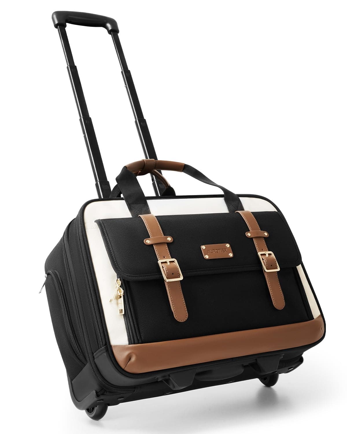 AUROTIER Rolling Laptop Bag, Briefcase for Men and Women, 17 Inch Computer Bag with Wheels Underseat Carry on Luggage for Work, Travel, College, Black White Brown, 17.4 x 7.5 x 13.5 inches, Fashion