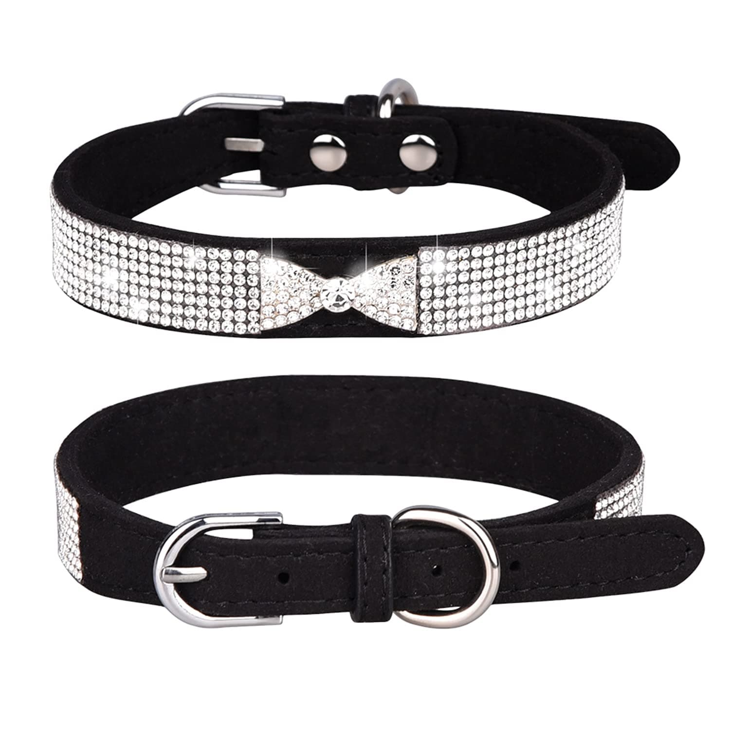 Pimaodog Rhinestone Dog Collar, Cute Dazzling Sparkling Soft Suede Leather Adjustable Pet Dog Cat Collar Crystal Diamond for Puppy Small Medium Large Dogs (S:26-32cm, Black-3)