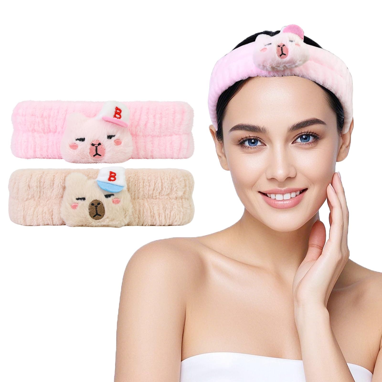 FlyingMage Spa Headband for Washing Face, 2 Pack Cute Halloween Hair Band for Shower Yoga Beauty, Fluffy Makeup Headband, Kawaii Facial Headbands for Woman Girls, Pink+Beige Capybara