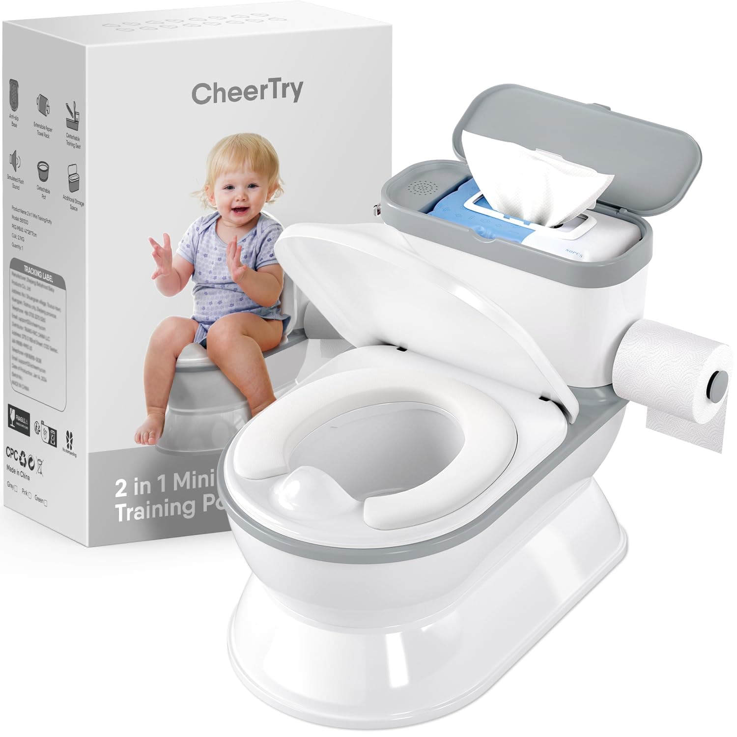 CheerTry 2-in-1 Toddler Potty Training Toilet - Larger Potty Chair & Detachable Training Seat for Boys & Girls Ages 1-3 with Flushing Sound, Wipes Storage, Toilet Paper Holder