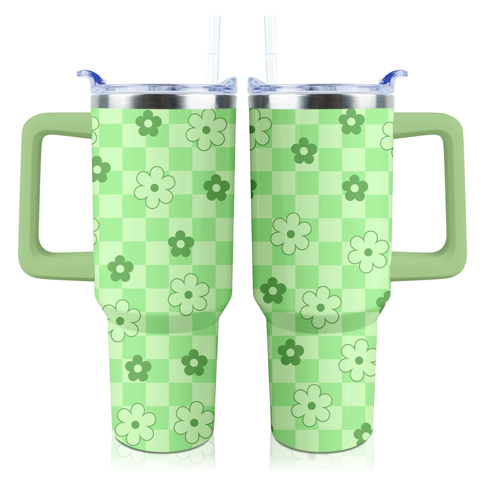 PERRIFIC Checkered Daisy Tumbler 40 oz Tumbler with Handle and Straw Lid