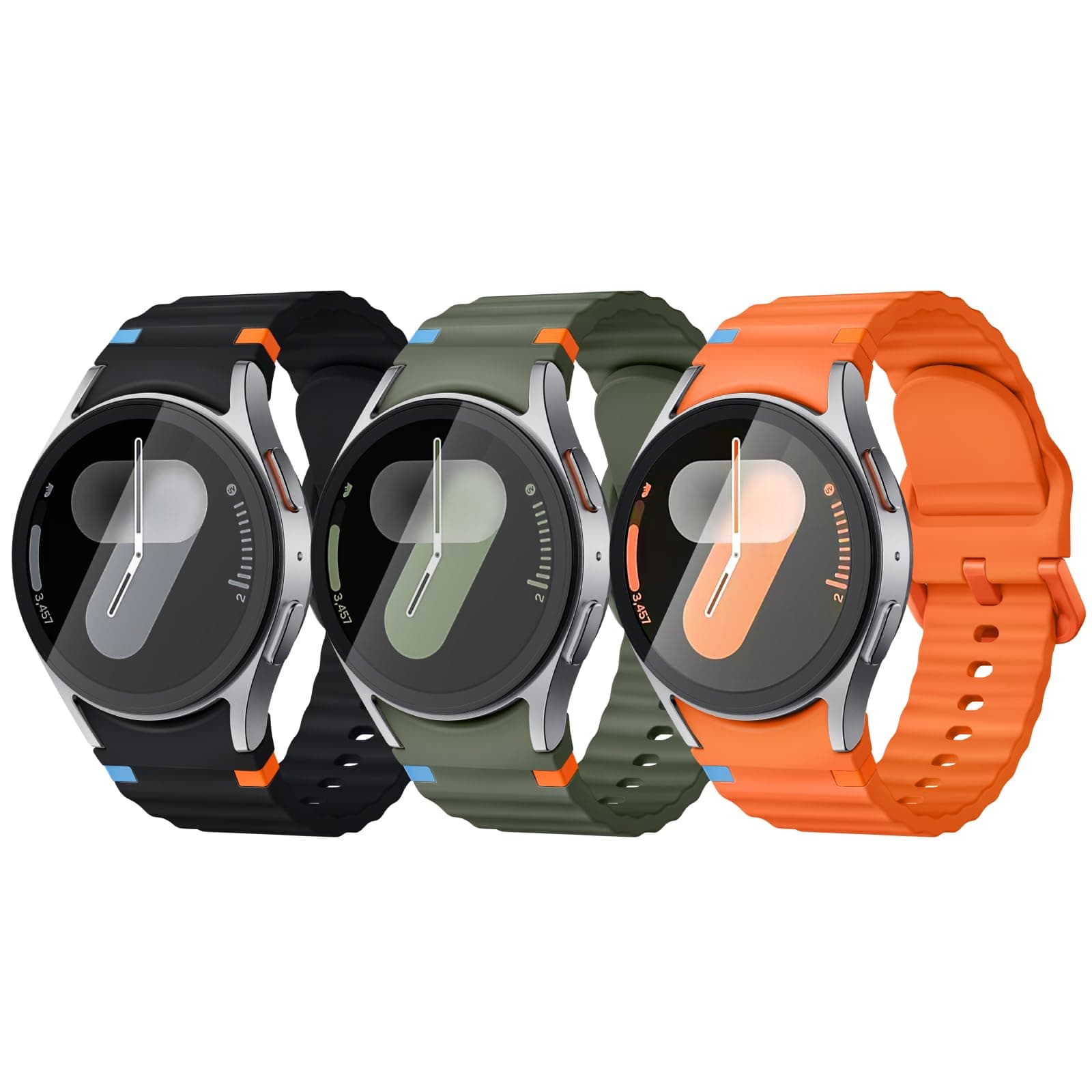Acextro 3 Pack Sport Band Compatible for Galaxy Watch 7 Bands 44mm 40mm, Samsung Galaxy Watch FE/6/5/4 Classic(40mm-47mm) No Gap Soft Silicone Replacement Strap for Men & Women, Black/Orange/Green